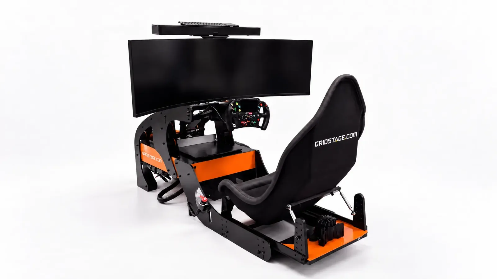 Single GRIDSTAGE racing simulator with ultrawide display, professional steering wheel controls, and branded black-and-orange chassis.